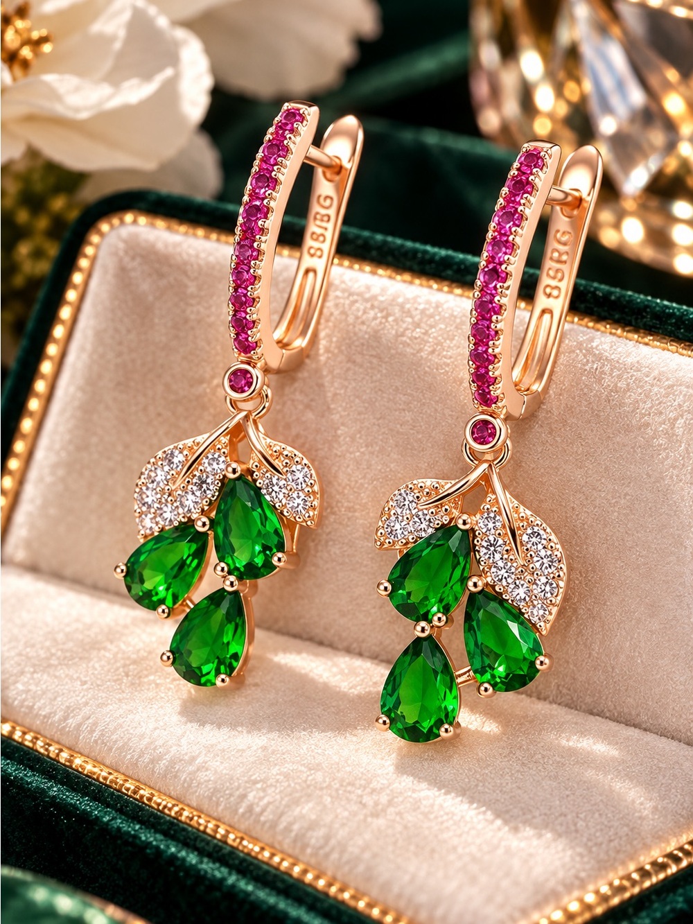 Elegant Green Crystal Leaf Drop Earrings - Gold Tone rose gold plated
